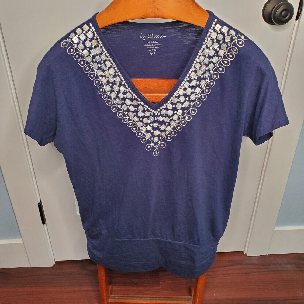 Chico's Women's Short Sleeve Blue V-Neck Embellished Top Size S 100% Cotton